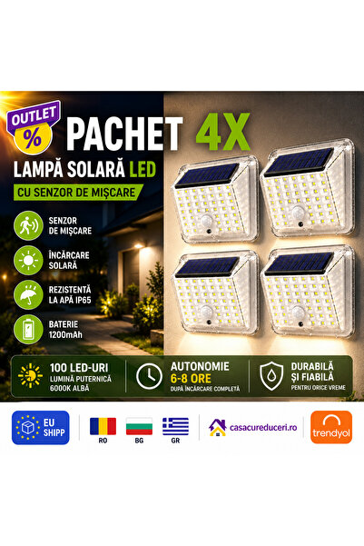 ANY SHOP MARKET Pachet 4x Lămpi Solare LED cu Senzor de Mișcare PIR, 100 LED-...