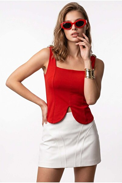 Mixray 2149 Women's Square Collar Blouse with Stitching Detail Red