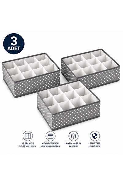 BEST CONCEPT 3 Adet-12 Bölmeli Gri Puantiyeli Organizer (Havlu-Çorap-İç Çamaş...