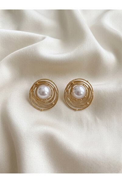Pelin Aksesuar Gold Color Hoop Earrings with Pearls and Round Stones