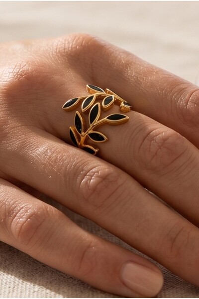 NBS Beautiful Naturel Stones Premium Kadın Gold Renk Siyah Mine Detaylı Yapra...