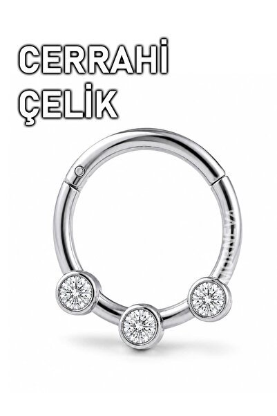 MORNEVA Cerrahi Çelik Üç Taşlı Tam Halka Septum Daith Piercingi (1 Adet)