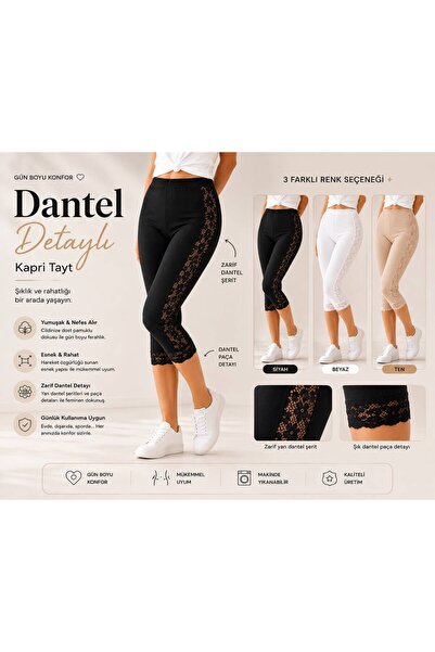 twenty ipek Women's 3-Piece Lace Detailed Capri Leggings |   High Waist Cotto...