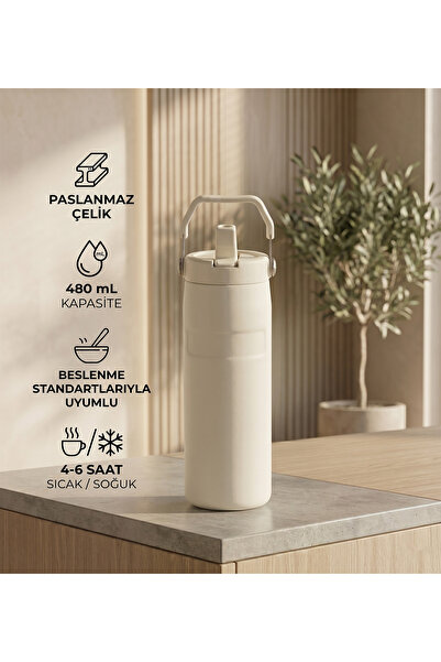 vegahediye v vega Taşıma Saplı Pipetli Paslanmaz Çelik Termos 480 mL