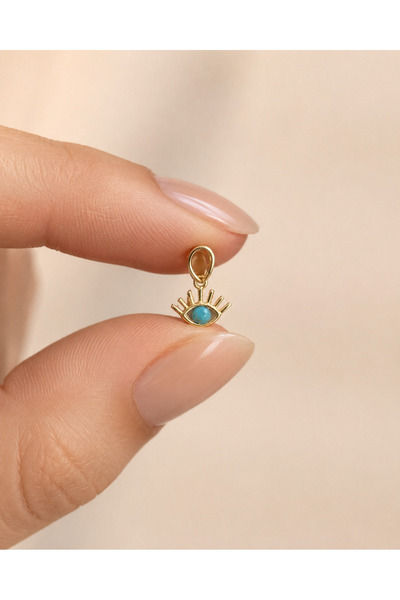 Sarezza 14 Ayar Altın Göz Figürlü Mavi Taşlı Minimal Kolye Ucu 8x5,5 mm