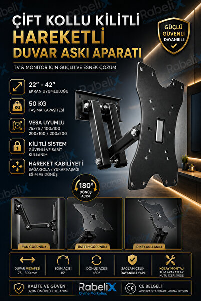 Rabelix Online Marketing 22-42 İnç Çift Kollu Kilitli Hareketli TV Askı Apara...