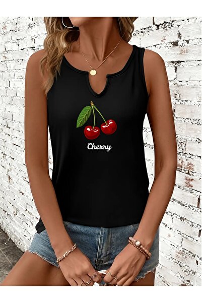 Deocept تي شيرت نسائي من Cherry مطبوع بفتحة رقبة على شكل حرف V بدون أكمام وقص...