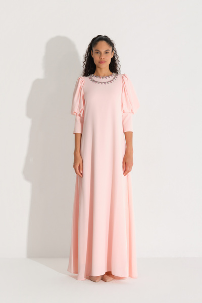 miha Hicran Önal Collar Detail Stone Embroidered Crepe Dress Pink