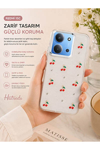 Hatreds Redmi 15C Uyumlu Şeffaf Simli Fiyonk Desenli Silikon Kılıf Kamera Kor...