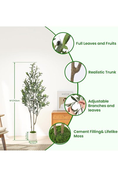 BESTONE Realistic Double Stem 152cm Fake Olive Tree Dense Gradient Green Leaves Moss Covered Planter Evergreen Decorative Plant Fit Modern Minimalist Coastal Interior Space
