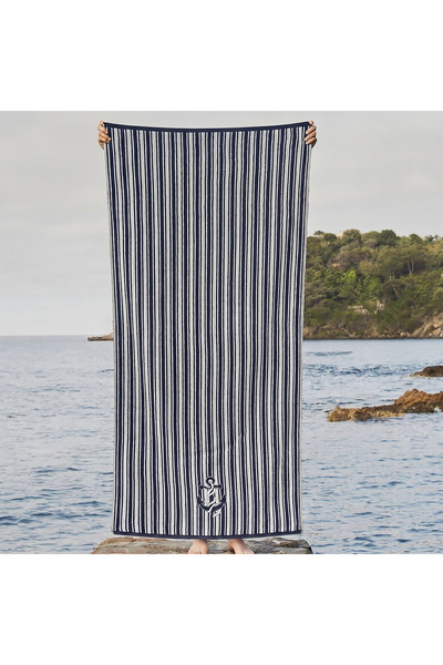 Green Black Marin Beach Towel 100% Cotton Blue Striped Anchor Pattern 70X150