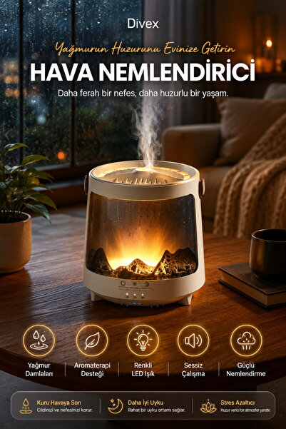 Divex Askılı Taşınabilir 300 ml Hava Nemlendirici, 7 Renk LED Işıklı Yağmur E...