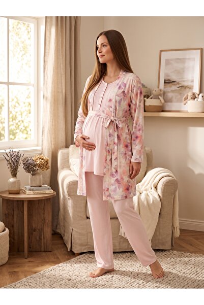 Lohusa Homewear New Season Pink Floral Patterned Lace Detailed Design Buttone...