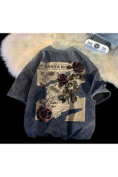 classy moda Μπλουζάκι Unisex Μαύρο Vintage Washed Oversize Loose Fit με γραφι...