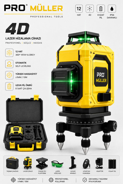 Pro Müller Alman Profesyonel Otomatik Hizalama 12 Köşe 360° Yeşil Lazer Çizgi...