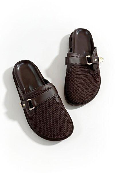 Shoebutik Marbella Bitter Brown Buckle Detailed Mesh Women's Slippers