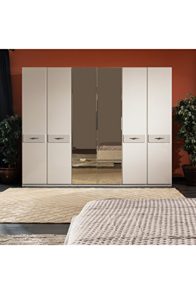 SARIOĞLU MOBİLYA Napoli 6 Kapılı Gardırop – Beyaz Mermer Detaylı Modern Büyük...