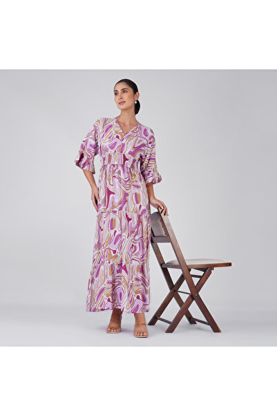 LINELLE Magenta Violet Marble Swirl Smocked Maxi Dress