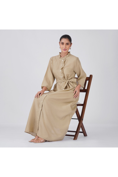 LINELLE Tan Brown Ruffle Collar Shirt Maxi Dress