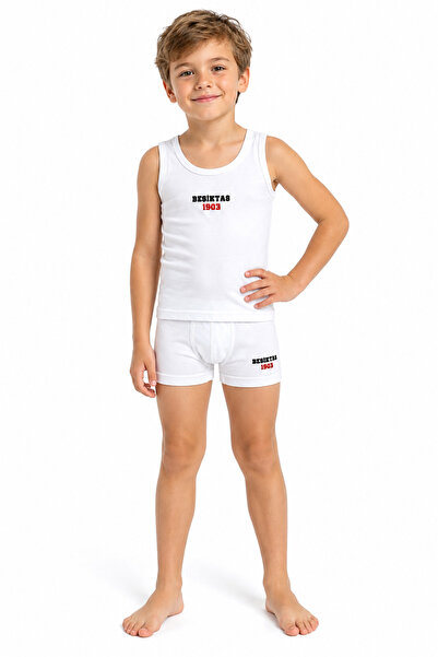 Beşiktaş 1903 Lisanslı Erkek Çocuk Atlet Boxer Takımı Beyaz %100 Pamuk Premiu...