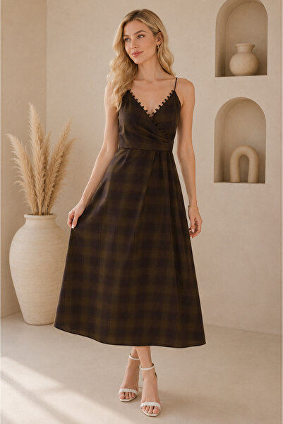 UTDU Women's Brown Plaid Patterned Strappy Double Breasted Midi Dress