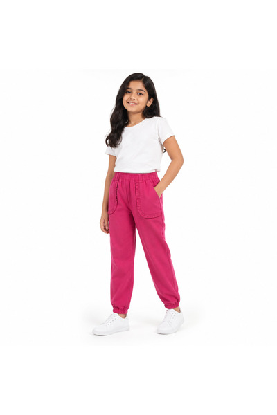 Generic Girls' Jogger Pants with Elastic Waistband and Ruffle Pockets Pink