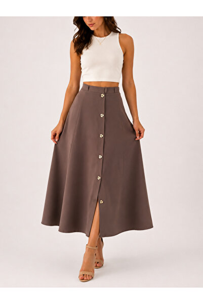 YAXİ Six-Piece Mink Woven Skirt with Button Detail
