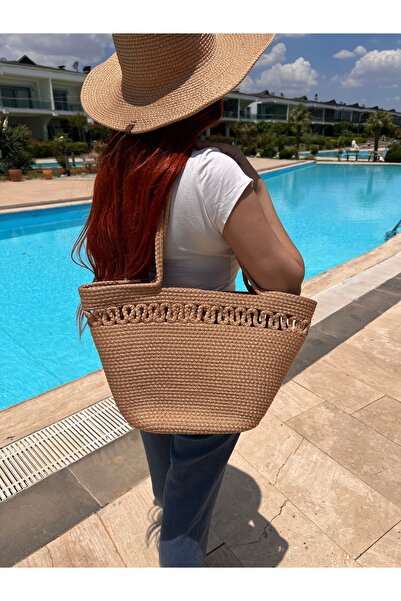 Zeora Home Γυναικεία τσάντα παραλίας από ψάθα από γιούτα και σετ καπέλου με φ...