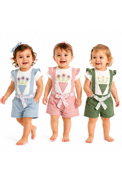 MADE Girls' Set Summer T-Shirt and Strap Shorts with Floral Belt