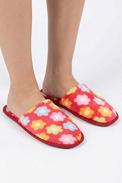 hadiora Red Floral Patterned Plush House Slippers - Soft Textured Comfortable...