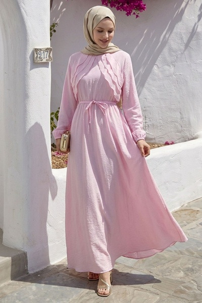 InStyle Önü Kat Detay Kuşaklı Pembe Elbise