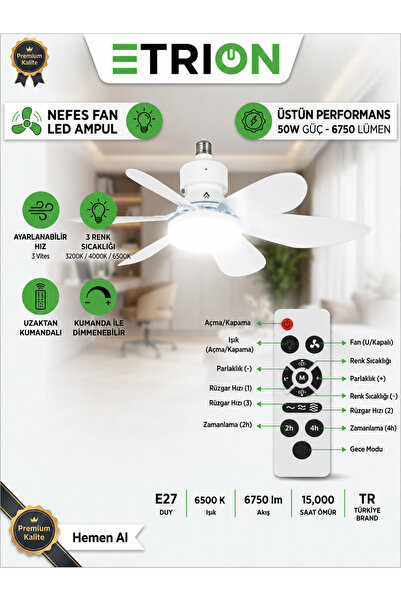 MAXORLİFE ETRION TRN-1300 Kumandalı Fanlı LED Ampul 50W E27 Tavan Vantilatörü...
