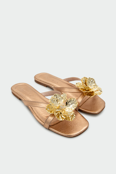 LAMİNTA Opia Gold Flower Detailed Women's Bronze Flat Slippers