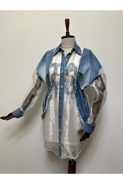 Tatu Denim Detaylı Organze Ceket ve Baskılı Elbise Takımı