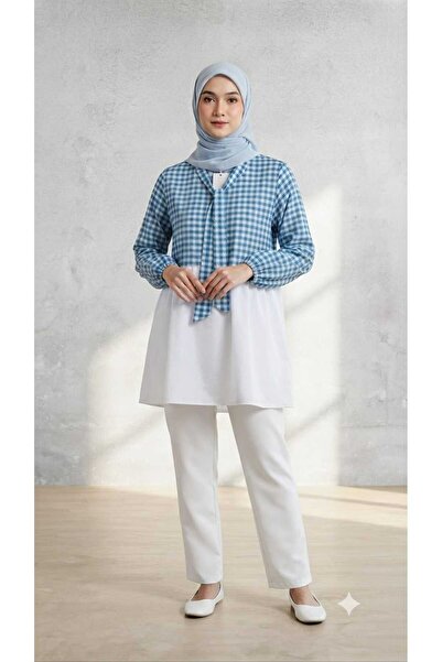 Sublime Butik Women's Shirt Collar Plaid Neck Lace-Up Semi Shirt Tunic Season...