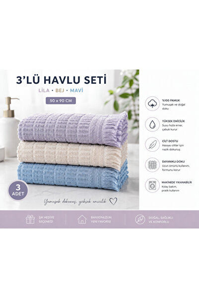 Vivesta Home 3-Piece Cotton Hand and Face Towel Set 50X90 cm Soft Textured Hi...