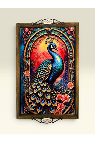 PorcelainAtelier El Yapımı Kütahya Çini Desenli Ahşap & Seramik Tepsi 42x28 c...