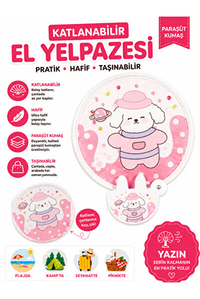 FESTİLO Katlanabilir Kore El Yelpazesi Paraşüt Kumaş Taşınabilir Mini Cep Yel...