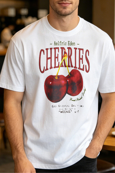 Fleck Casual Style T Shirts For Men Cherry Fruit Graphic With Text Design Men...