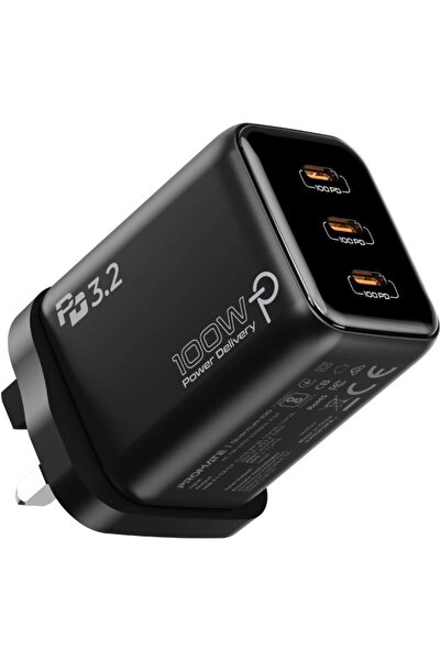 Promate 100W 3-Port USB-C Wall Charger, PD 3.2 GaNFast Charging Adapter with ...