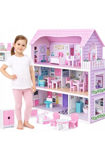 Matadi Casuta pentru papusi copii XXL Roz cu mobilier inclus,3 nivele,4 camer...