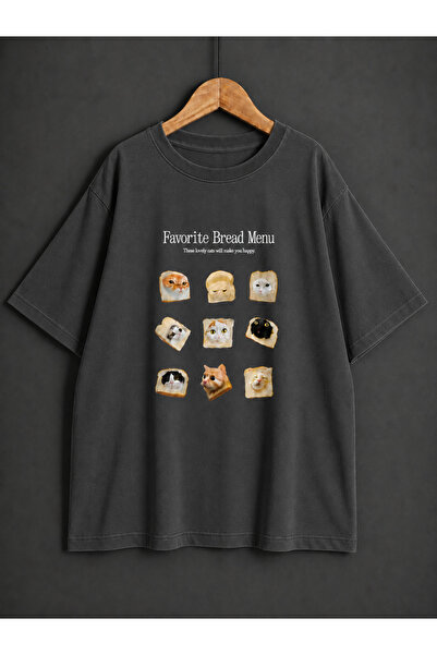 ZİYMO Unisex Cat and Bread Printed Oversize T-Shirt