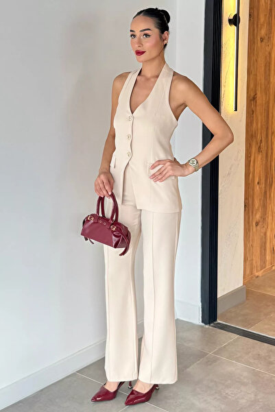 Aryena Beige Green Trousers and Vest Double Set