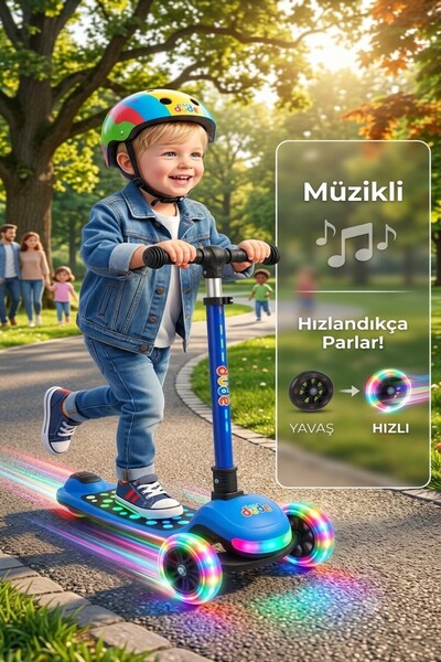 PlayZen Işıklı Müzikli 3 Tekerlekli Çocuk Scooter, Led Tekerlekli, Işıklı Tab...