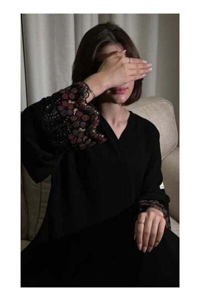 HYX Noura Design Royal Crepe Abaya with Burgundy Embroidery and Free Plain He...
