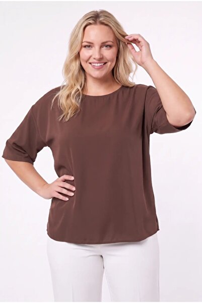 hazelin Women's Brown Plus Size Oversize Padded Chiffon Blouse Hzl26S-Zss111201