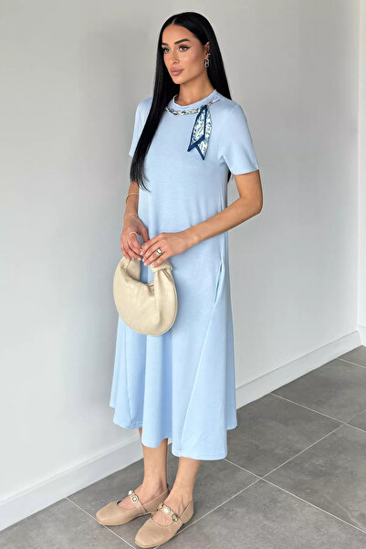 Aryena Blue Gülseli Women's Dress with Scarf Accessories