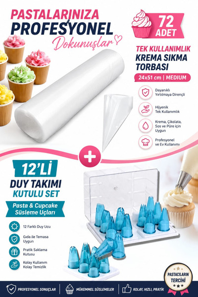 Erenle Concept Cream Piping Bag and Nozzle Set in Box, 12 Pieces Unbreakable Piping Bag Nozzle Set and 72 Pieces Large Size Piping Bags 26X51 cm Piping Bags Pastry Making Utensils