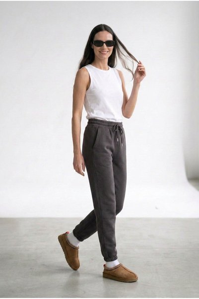 ELAFRO Women's Dark Smoked 3-Thread Fleece-Lined Elastic Leg Jogger Cotton Sweatpants