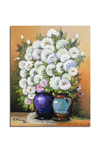 artnova Ζωγραφική με το χέρι, λευκά χρυσάνθεμα, Καθαριότητα, 50x40 εκ. λάδι σ...